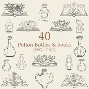 May include: A set of 40 black and white line drawings of potion bottles and open books with flowers. The illustrations are perfect for crafting, scrapbooking, and digital design projects.