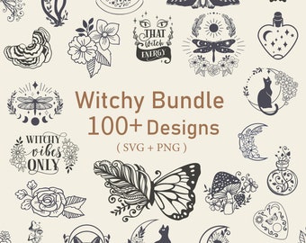 Puede incluir: Una colección de más de 100 diseños de temática de brujas, que incluyen ilustraciones de hongos, mariposas, gatos, lunas y flores. El texto "Witchy Bundle 100+ Designs (SVG + PNG)" se muestra en el centro de la imagen.