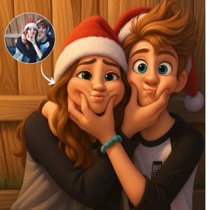 Può includere: Un'illustrazione digitale di due persone con cappelli di Babbo Natale, ognuna con le guance gonfie. La persona a sinistra ha lunghi capelli castani e una camicia nera. La persona a destra ha i capelli corti castani e una camicia bianca e nera. Un'immagine più piccola è nell'angolo in alto a sinistra.