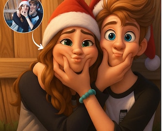 May include: A digital illustration of two people wearing Santa hats, each with their cheeks puffed out. The person on the left has long brown hair and a black shirt. The person on the right has short brown hair and a black and white shirt. A smaller image is in the upper left corner.