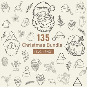 Puede incluir: Una colección de 135 gráficos navideños SVG y PNG. La imagen presenta varias ilustraciones de línea de Papá Noel, sombreros, acebo y otros elementos festivos. La combinación de colores general es blanco y negro sobre un fondo beige.