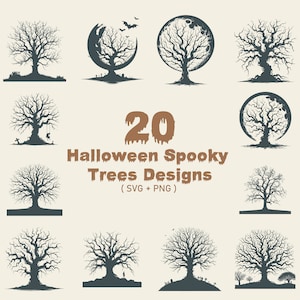 May include: A collection of 20 Halloween-themed spooky tree designs in SVG and PNG formats. The designs feature bare trees in various silhouettes, some with moons, bats, and tombstones, all in a dark color palette.