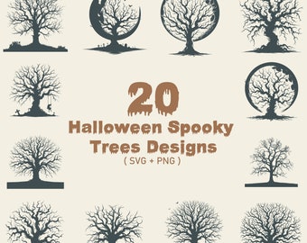 May include: A collection of 20 Halloween-themed spooky tree designs in SVG and PNG formats. The designs feature bare trees in various silhouettes, some with moons, bats, and tombstones, all in a dark color palette.