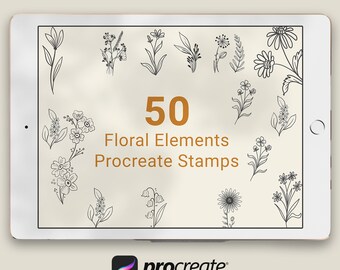 May include: A digital illustration of 50 black and white floral elements for use as Procreate stamps. The image shows a variety of flowers, leaves, and stems.