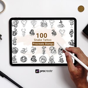 May include: A digital tablet screen displaying 100 black and white snake tattoo Procreate stamps. The text "100 Snake Tattoo Procreate Stamps" is displayed in brown text on a white background. The Procreate logo is displayed in the bottom right corner.