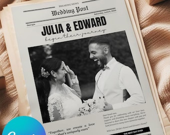 Plantilla de programa de periódico de bodas: itinerario editable en Canva