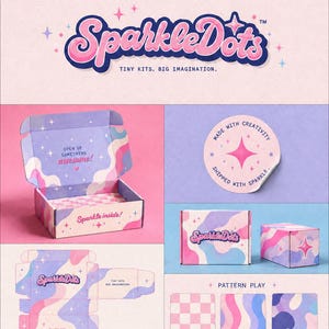 May include: A branding display for SparkleDots featuring a logo, a pink and purple wavy patterned shipping box, a circular sticker with the text Made With Creativity Shipped With Sparkle, and three pattern swatches including checkers and waves.