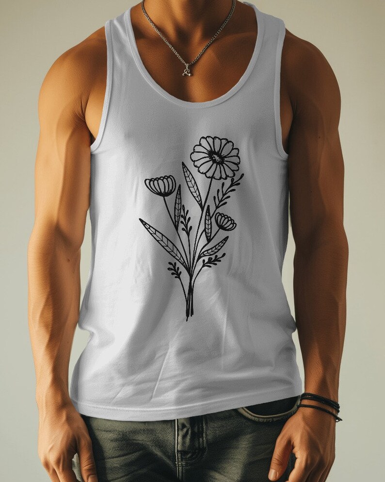 May include: A white tank top featuring a black floral design. The design includes a large flower with smaller flowers and leaves.