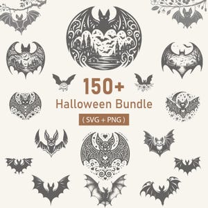 Puede incluir: Colección de ilustraciones de murciélagos en escala de grises con diversos diseños, incluyendo murciélagos con patrones intrincados y paisajes urbanos. El texto "150+ Halloween Bundle" se muestra con "SVG + PNG" debajo.