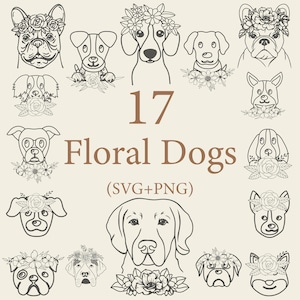 May include: A set of 17 black and white line drawings of dogs with floral wreaths around their heads. The text "17 Floral Dogs (SVG+PNG)" is in the center of the image.