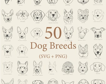 Hand-Drawn Dog Breeds Outline: 50 SVG & PNG Clipart Bundle