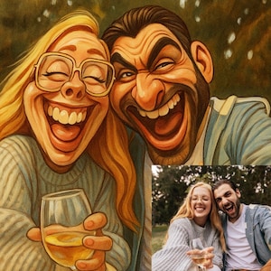 May include: A cartoon illustration of a laughing couple, one with blonde hair and glasses, the other with dark hair and a beard. The woman holds a wine glass. A smaller photo of the couple laughing is in the bottom right corner.