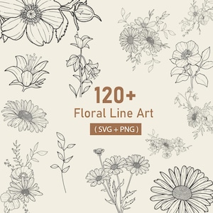 Peut inclure: Une collection d'illustrations de dessins au trait de fleurs en noir et blanc. L'image présente divers motifs floraux, dont des marguerites et des lys, avec le texte "120+ Floral Line Art (SVG + PNG)" en marron.