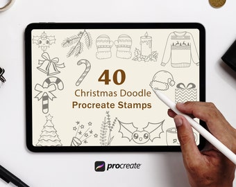 May include: A digital tablet screen displaying 40 black and white Christmas doodle illustrations. The text "40 Christmas Doodle Procreate Stamps" is displayed on the screen. The Procreate logo is visible at the bottom of the screen.