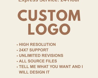Puede incluir: Gráfico beige con el texto "Express Service: 24-Hour" en la parte superior. Debajo, un texto marrón grande dice "CUSTOM LOGO". Viñetas enumeran características: Alta resolución, Soporte 24x7, Revisiones ilimitadas, Todos los archivos fuente.