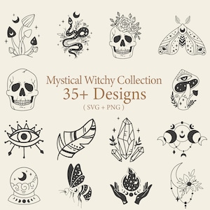 Mystische svg, witchy himmlische Vektorillustrationen. Hexe, Pilz, Schmetterling, schwarze Katze, Motte, Kristalle, Blumen, Schädel, Tarotkarten.