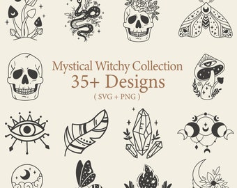 Puede incluir: Una colección de más de 35 diseños místicos de brujas, que incluyen un cráneo con flores, una serpiente, una polilla, un hongo, un ojo, una pluma, un cristal, una luna creciente, una luna y estrellas, una abeja, una mano sosteniendo una luna y estrellas, y una luna con un girasol. Los diseños son en blanco y negro y son perfectos para usar en manualidades, scrapbooking o diseño digital.