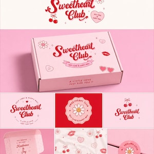 Puede incluir: Una caja de envío de cartón rosa claro con el texto rojo Sweetheart Club y la frase Self Care & Happy Mail. La caja está decorada con ilustraciones rojas de cerezas, corazones, flores, labios y gafas de sol en forma de corazón.