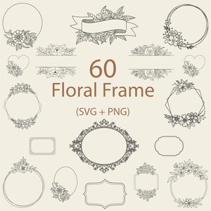May include: A set of 60 floral frames in black and white, with a variety of shapes and sizes. The frames are perfect for adding a touch of elegance to any project.  SVG + PNG.