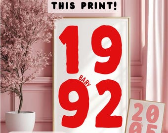 Stampa artistica personalizzata dell'anno: regalo di compleanno con numeri retrò (download digitale)