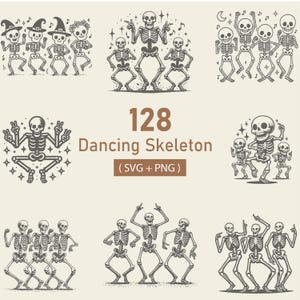 Könnte beinhalten: Ein Set mit 128 tanzenden Skelett-Illustrationen in Schwarzweiß. Die Skelette sind in verschiedenen Posen, einige tragen Hüte und einige halten Musikinstrumente. Der Text "128 Dancing Skeleton (SVG + PNG)" befindet sich am unteren Rand des Bildes.
