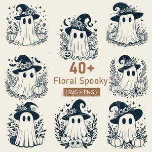 May include: A set of nine black and white illustrations featuring ghosts with floral wreaths and witch hats. The text "40+ Floral Spooky (SVG + PNG)" is in the centre of the image.