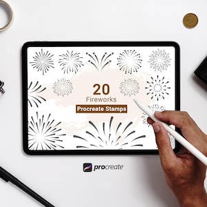 May include: A digital tablet screen displaying 20 black and white firework illustrations. The text "20 Fireworks Procreate Stamps" is displayed on the screen. The Procreate logo is visible at the bottom of the screen.