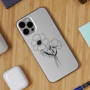 May include: A white phone case featuring a black outline of two flowers and leaves. The phone case has a camera lens cutout with three black circles.