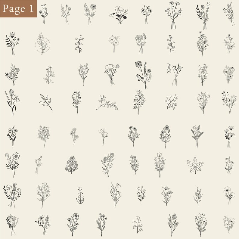 May include: A collection of 64 black and white line drawings of various flowers and floral arrangements. The drawings are simple and elegant, and would be perfect for use in a variety of creative projects.