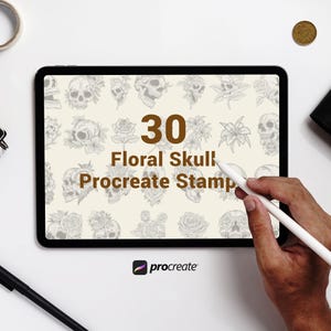 Skull Stamp Brushes For Procreate, Procreate Floral Skull Stamps, Sugar Skulls brush for procreate, Skull with Flower procreate stamp, Tatto
