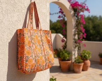 Handmade Quilted Cotton Tote Bag | Floral Print Shopping Bag | Casual Beach Bag for Women | Trendy Daily Bag | Gift For Mom