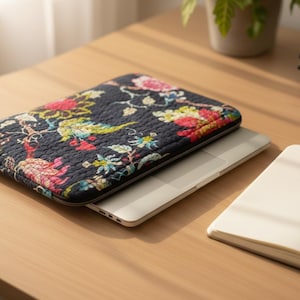 May include: A black laptop sleeve with a floral design in red, pink, yellow, and blue, placed on a silver laptop. A white notebook and pen are on the wooden surface. The sleeve is quilted.