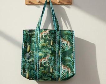 Floral Hand Block gedruckt gesteppte Einkaufstasche | Gesteppte Einkaufstasche aus Baumwolle | Festliche Leinentasche | Strandtasche | Boho Tasche | Geschenk für Mama