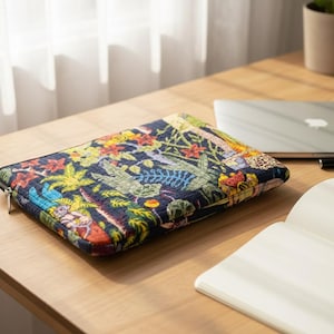 May include: A navy laptop sleeve featuring a vibrant floral and foliage design. The zipped sleeve sits on a wooden table, with a laptop, pen, and open notebook nearby. The pattern incorporates red, yellow, and green colours.