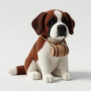 May include: A crocheted St. Bernard dog figurine featuring brown, white, and black yarn. The dog has a white blaze on its face, dark brown ears, and a small tan barrel attached to a rope collar around its neck. The toy is sitting in a seated position.