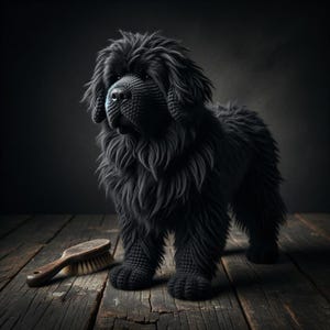 May include: A handcrafted black crochet dog figurine with a textured, shaggy appearance and a detailed snout, standing upright. Beside the dog is a wooden grooming brush with light-colored bristles, both resting on a dark, weathered wooden surface.