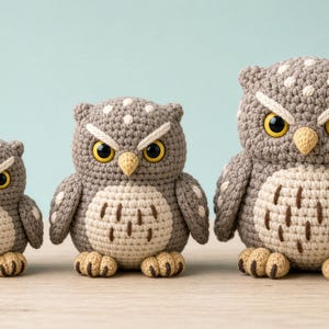 May include: Three handmade crochet owl plushies in graduated sizes, featuring grey yarn bodies with white polka dots, cream-colored bellies with brown stitched details, yellow plastic eyes, and light brown yarn feet.