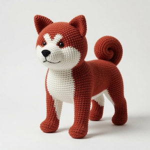 Puede incluir: Un juguete de perro tejido a ganchillo hecho a mano con un esquema de color naranja óxido y blanco. La figura de peluche tiene una cola rizada, orejas puntiagudas, ojos de plástico negro y una nariz y boca bordadas, sobre cuatro patas.