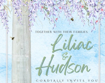 WEDDING INVITATION, DETAILS, & Rsvp | Bridgerton Inspired | Instant Digital Canva Template | Lilac blue green grass bees