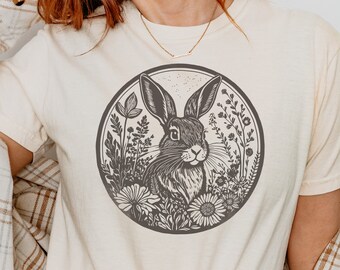 Rabbit Linocut Floral T-shirt, Cottagecore Vintage Style