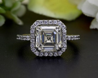 1.50Ct Asscher Cut E-F Colorless Halo Engagement Ring 14Kt White Gold Lab Grown Ring Wedding Bridal Ring Halo Lab Grown Ring