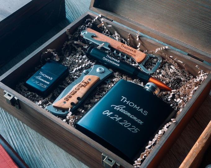 Personalized Groomsmen Gift Box: Engraved Flask, Knife & More