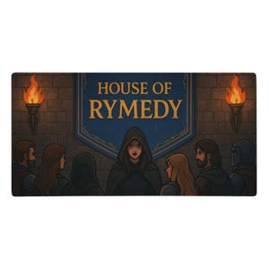 以下が含まれることがあります： 中世ファンタジーのシーンを描いた長方形のマット。「HOUSE OF RYMEDY」の文字が描かれ、その上に人物のグループがいます。2つの炎のトーチがバナーを挟み、レンガの壁を背景にしています。