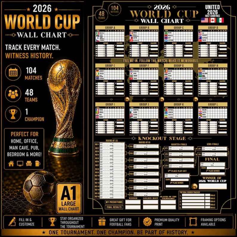 2026 World Cup Wall Chart  Black Gold Tournament Tracker, Football ...
