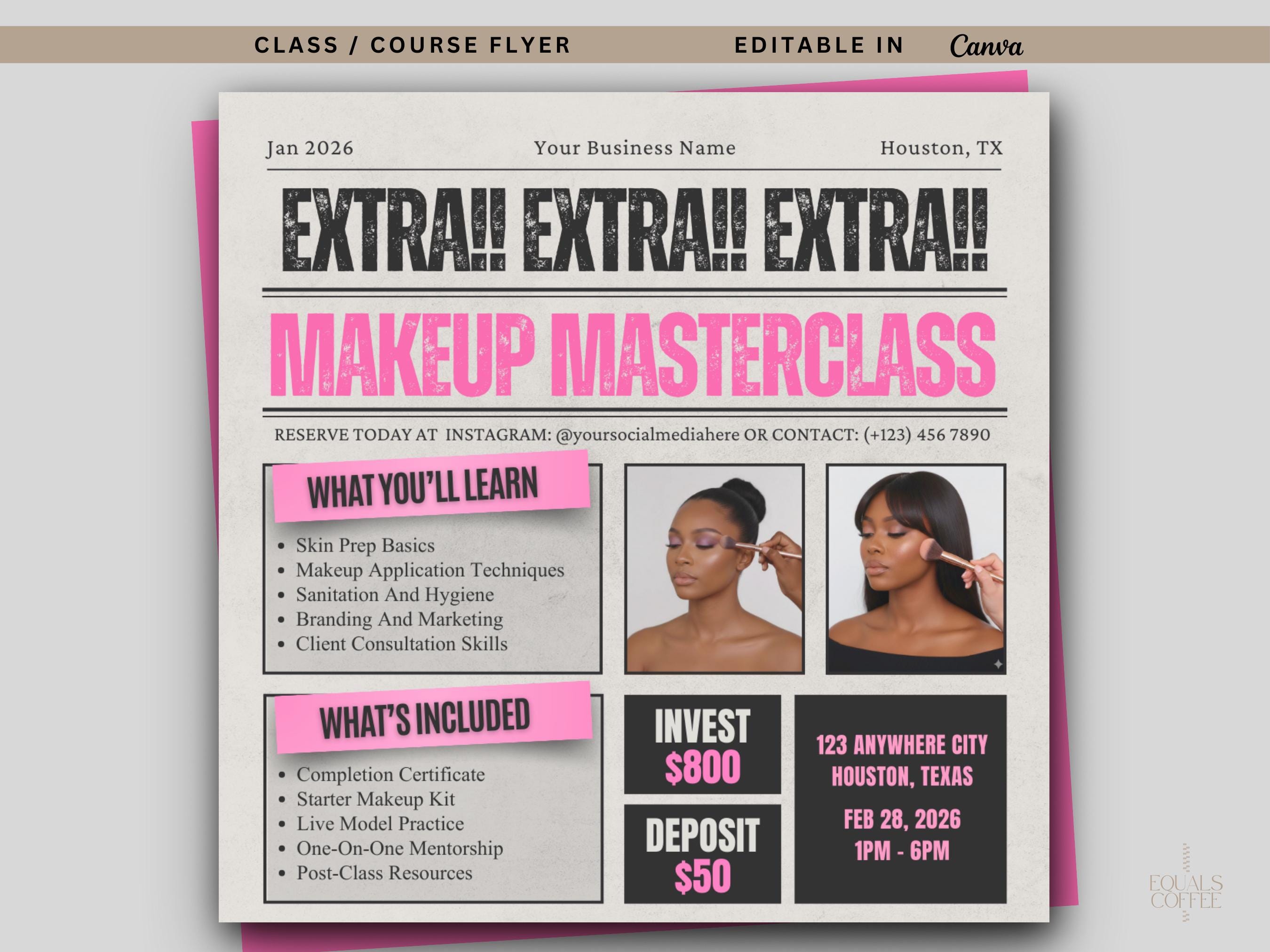 Makeup Class Flyer, Makeup Artist Training Flyer MUA Canva Template, MUA Course Editable Training Template Makeup Masterclass Flyer Template
