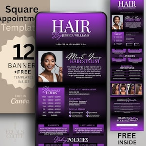 Peut inclure: Modèle numérique de rendez-vous pour coiffeur, avec un design violet et noir. Le modèle comprend le texte "HAIR by Jessica Williams", les heures d'ouverture, les coordonnées et les liens vers les réseaux sociaux. Comprend des modèles de publication Instagram gratuits.