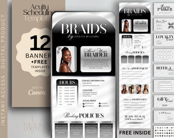May include: Digital product template for a braiding business, featuring a black and white design. Includes a banner, business cards, loyalty cards, and gift cards. The template is editable in Canva and includes the text "BRAIDS by Jessica Williams."