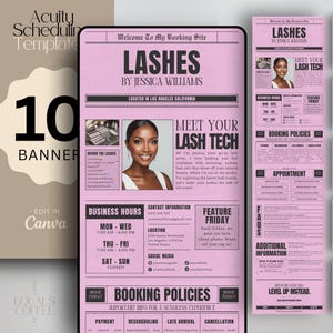 May include: Digital template in pink for a lash technician, including business card, booking policies, and appointment details. Features the text "Lashes by Jessica Williams" and "Meet Your Lash Tech".