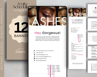 Może przedstawiać: Cyfrowy szablon dla usług rzęs, z banerem z numerem 12 i ulotką z tekstem "Lashes Hey Gorgeous!" oraz informacjami biznesowymi. Projekt jest w neutralnych tonach z różowymi akcentami.