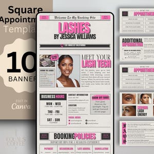 May include: Digital product for a lash artist, featuring a square appointment template with 10 banners. The design includes a pink and black color scheme, with the text "Lashes by Jessica Williams" and "Meet Your Lash Tech".